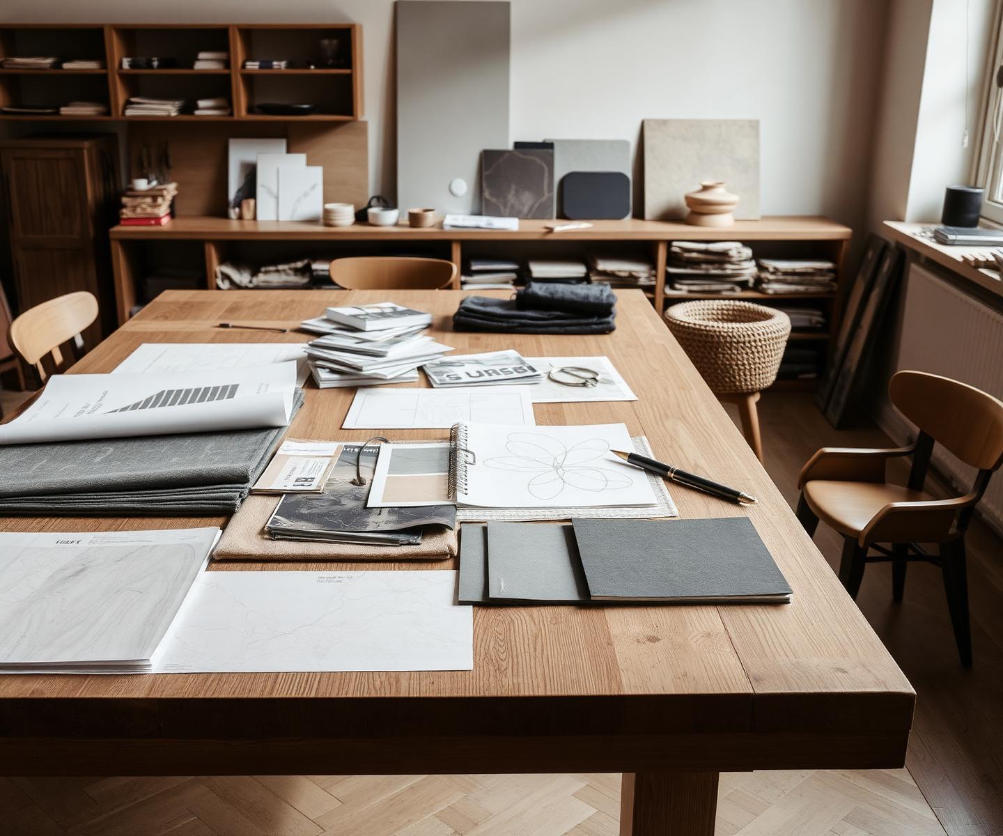 Material samples and sketches laid out on the studio worktable